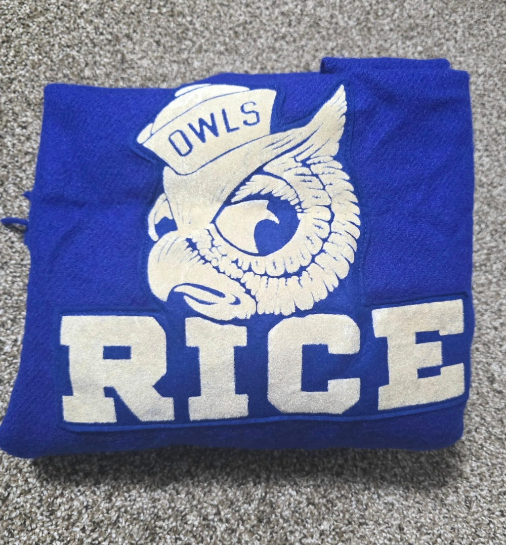 VTG 60s Pendleton Rice Owls Wool Stadium Blanket Fringe Blue 65x52 College Masco